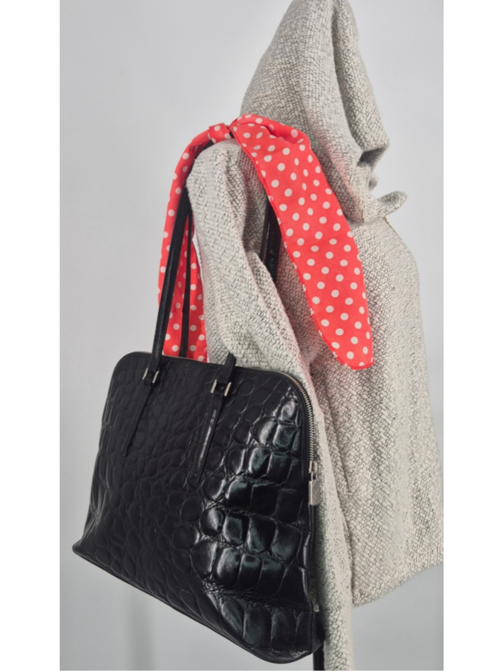 Furla Black Croc Embossed Leather Satchel Shoulder Bag Made in Italy Vintage Y2K